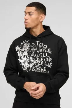 Best Sale boohooMAN Washed Too Woke Graphic Hoodie black