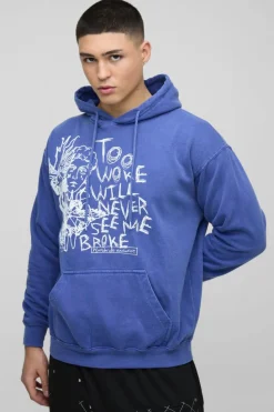 Flash Sale boohooMAN Washed Too Woke Text Graphic Hoodie cobalt