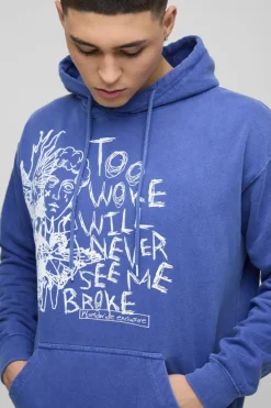 Flash Sale boohooMAN Washed Too Woke Text Graphic Hoodie cobalt