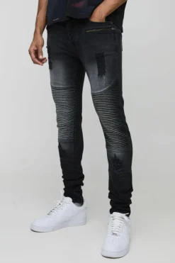 Hot boohooMAN Washed Zip Biker Distressed Skinny Jeans washed black