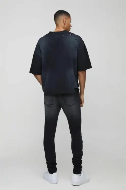 Hot boohooMAN Washed Zip Biker Distressed Skinny Jeans washed black