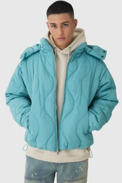 Cheap boohooMAN Wavy Quilted Hooded Puffer Jacket In mint
