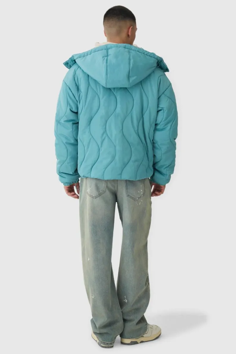 Cheap boohooMAN Wavy Quilted Hooded Puffer Jacket In mint