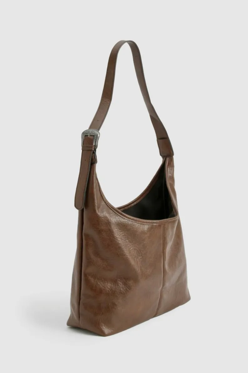 Store boohoo Western Buckle Slouchy Tote Bag dark brown