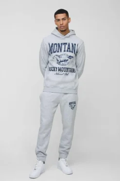 Sale boohooMAN Western Varsity Printed Hooded Tracksuit grey marl