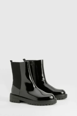 Hot boohoo Wide Fit Ankle Detail Textured Patent Chelsea Boots black