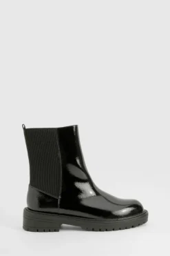 Hot boohoo Wide Fit Ankle Detail Textured Patent Chelsea Boots black