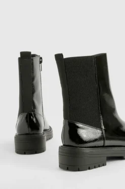 Hot boohoo Wide Fit Ankle Detail Textured Patent Chelsea Boots black