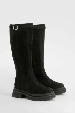 Store boohoo Wide Fit Buckle Detail Chunky Knee High Boots black