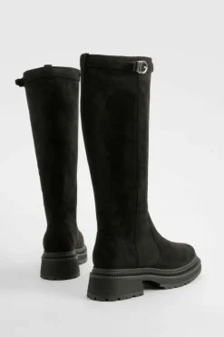 Store boohoo Wide Fit Buckle Detail Chunky Knee High Boots black