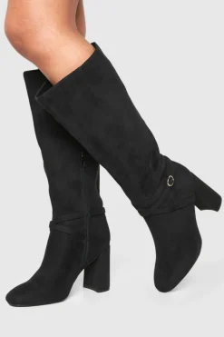 Store boohoo Wide Fit Buckle Detail Heeled Knee High Boots black
