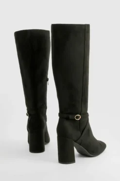 Store boohoo Wide Fit Buckle Detail Heeled Knee High Boots black