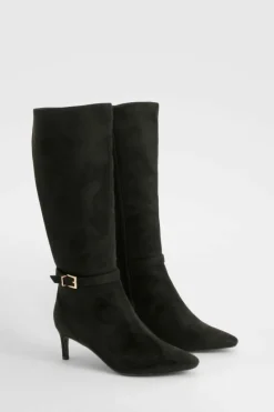 Fashion boohoo Wide Fit Buckle Detail Low Heel Knee High Boots black