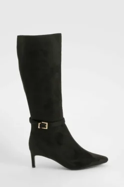 Fashion boohoo Wide Fit Buckle Detail Low Heel Knee High Boots black