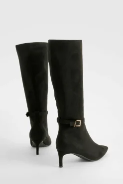 Fashion boohoo Wide Fit Buckle Detail Low Heel Knee High Boots black