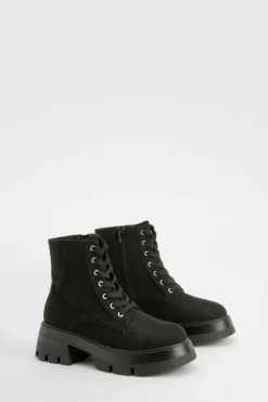 Outlet boohoo Wide Fit Chunky Platform Heeled Lace Up Ankle Boot black