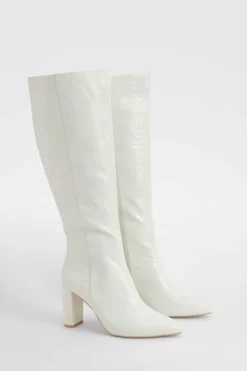 Clearance boohoo Wide Fit Croc Pointed Knee High Heeled Boots cream