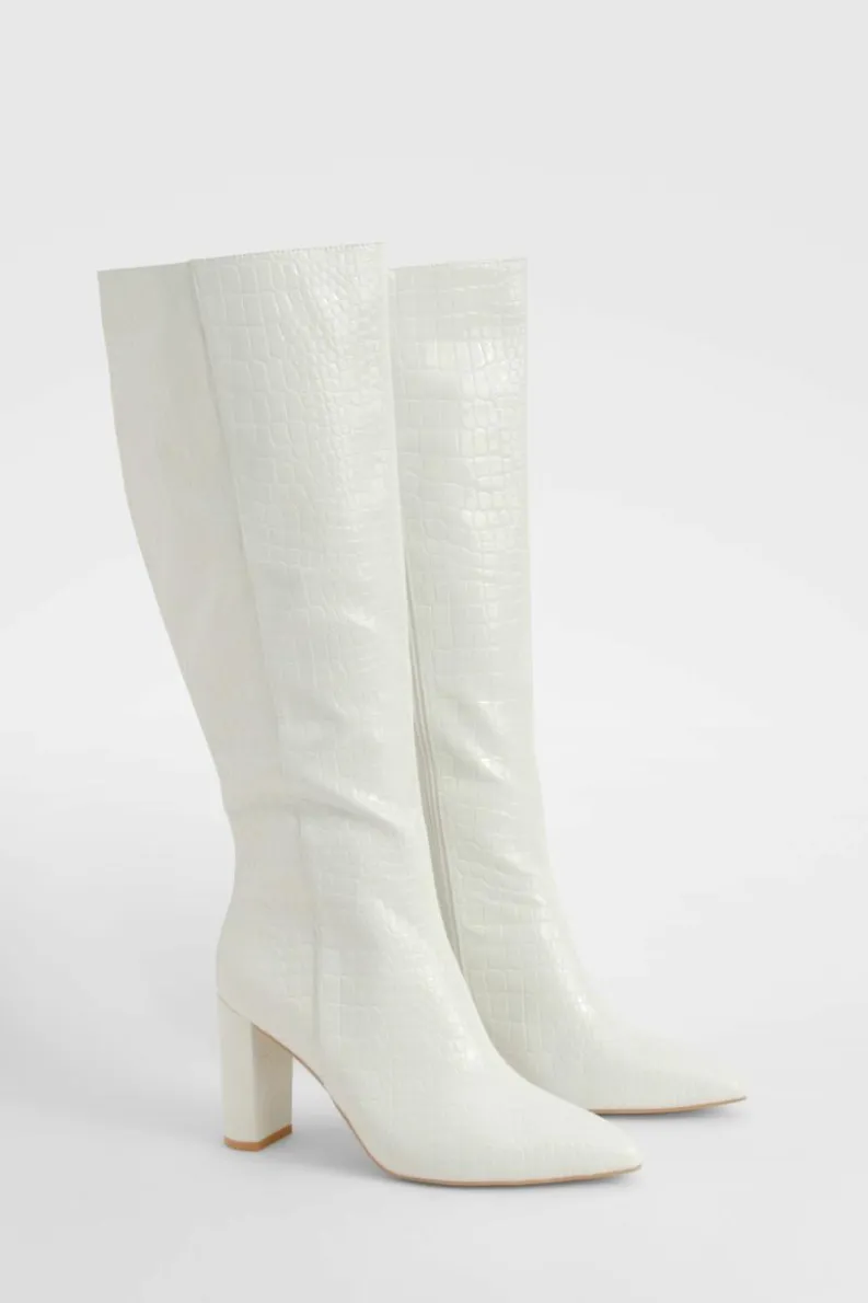 Clearance boohoo Wide Fit Croc Pointed Knee High Heeled Boots cream