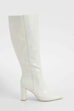 Clearance boohoo Wide Fit Croc Pointed Knee High Heeled Boots cream