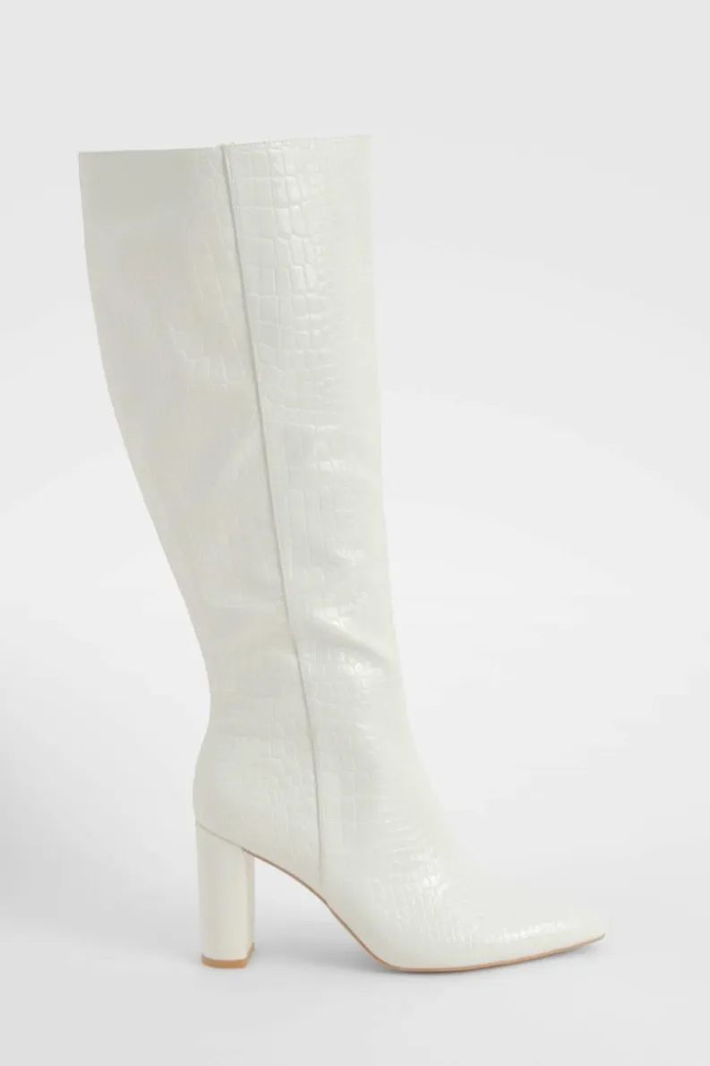 Clearance boohoo Wide Fit Croc Pointed Knee High Heeled Boots cream