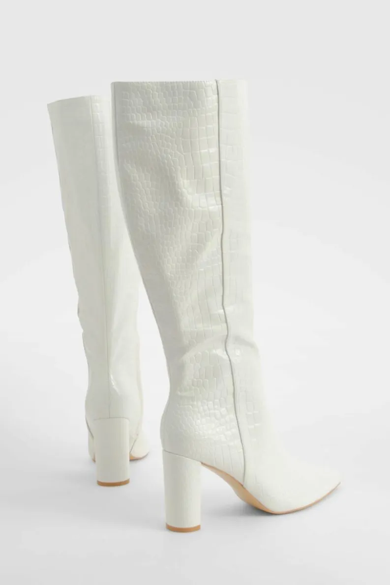 Clearance boohoo Wide Fit Croc Pointed Knee High Heeled Boots cream