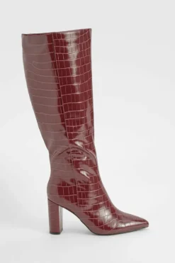 Online boohoo Wide Fit Croc Pointed Knee High Heeled Boots oxblood