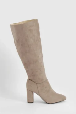 Online boohoo Wide Fit Faux Suede Block Heel Knee High Boots taupe