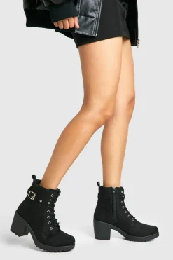 Online boohoo Wide Fit Faux Suede Buckle Lace Up Chunky Hiker Boots black