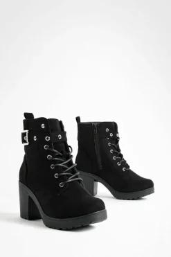 Online boohoo Wide Fit Faux Suede Buckle Lace Up Chunky Hiker Boots black