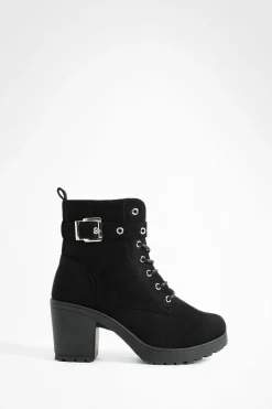 Online boohoo Wide Fit Faux Suede Buckle Lace Up Chunky Hiker Boots black