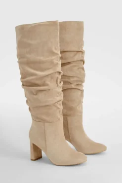 Online boohoo Wide Fit Faux Suede Ruched Detail Block Heel Boots sand