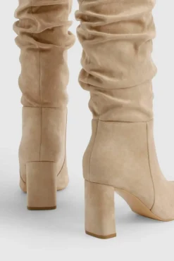 Online boohoo Wide Fit Faux Suede Ruched Detail Block Heel Boots sand