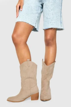 New boohoo Wide Fit Faux Suede Tab Detail Ankle Cowboy Western Boots tan