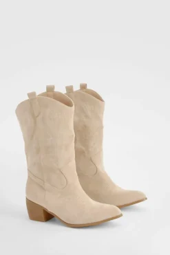 New boohoo Wide Fit Faux Suede Tab Detail Ankle Cowboy Western Boots tan