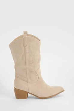 New boohoo Wide Fit Faux Suede Tab Detail Ankle Cowboy Western Boots tan