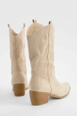 New boohoo Wide Fit Faux Suede Tab Detail Ankle Cowboy Western Boots tan
