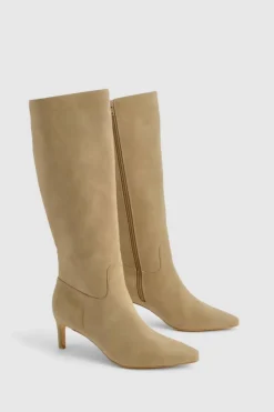 New boohoo Wide Fit Nubuck Knee High Low Heeled Boots taupe