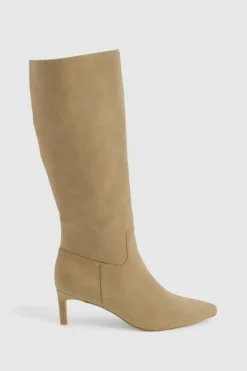New boohoo Wide Fit Nubuck Knee High Low Heeled Boots taupe