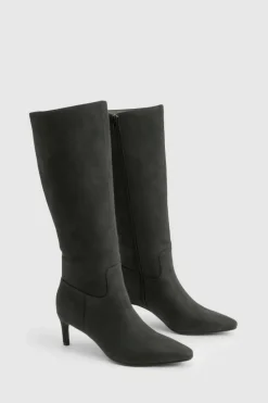 Best boohoo Wide Fit Nubuck Knee High Low Heeled Boots black