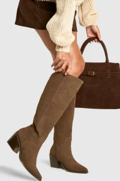 New boohoo Wide Fit Nubuck Western Cowboy Boots choc brown