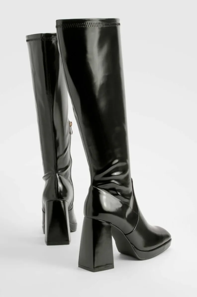 Store boohoo Wide Fit Platform Block Heel Knee High Boots black