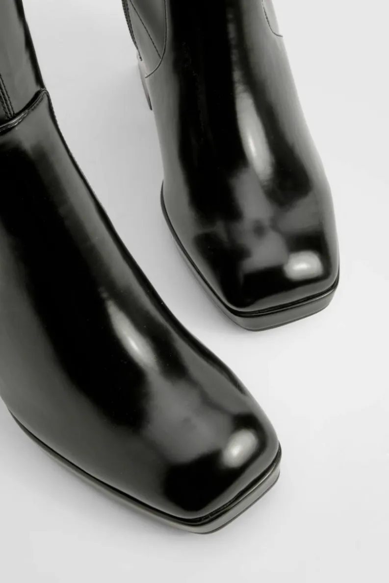 Store boohoo Wide Fit Platform Block Heel Knee High Boots black