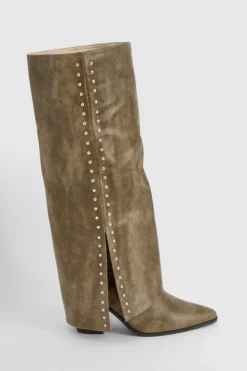 Store boohoo Wide Fit Studded Detail Fold Over Distressed Western Boot brown