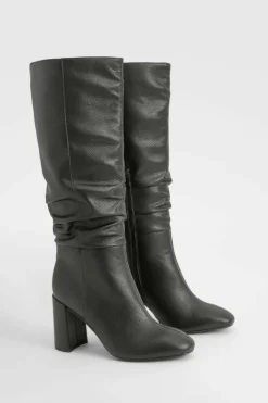 Best Sale boohoo Wide Fit Textured Ruched Heeled Knee High Boots black