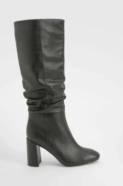 Best Sale boohoo Wide Fit Textured Ruched Heeled Knee High Boots black