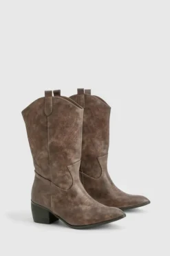 Discount boohoo Wide Fit Vintage Look Tab Detail Ankle Cowboy Western Boots brown