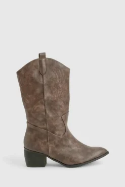 Discount boohoo Wide Fit Vintage Look Tab Detail Ankle Cowboy Western Boots brown