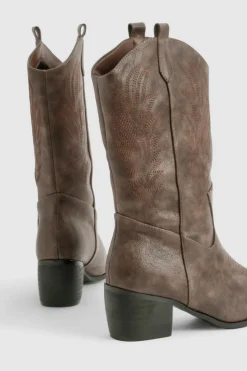 Discount boohoo Wide Fit Vintage Look Tab Detail Ankle Cowboy Western Boots brown