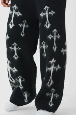 Sale boohooMAN Wide Leg Eyelash Knit Cross Graphic Jogger black