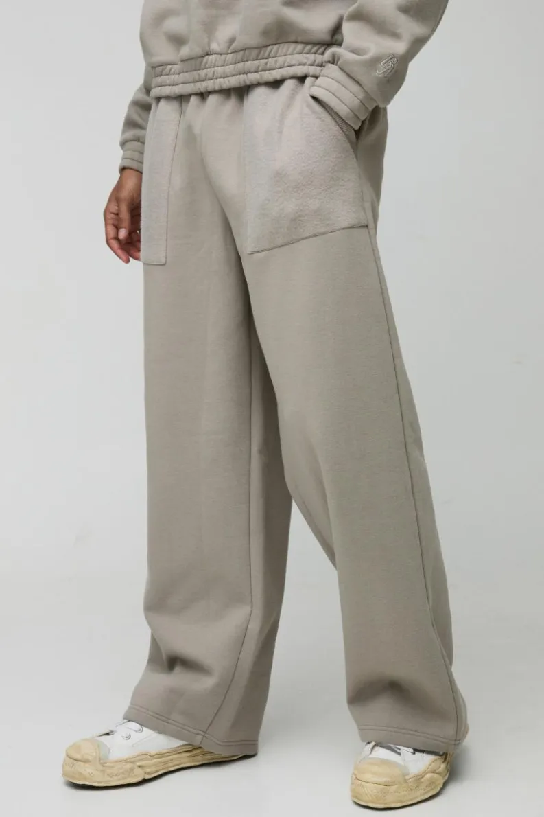Cheap boohooMAN Wide Leg Heavyweight Reverse Pocket 3D Embroidered Joggers taupe